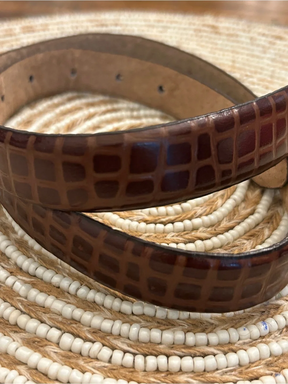 Kim Rogers Brown Croc-Embossed Leather Belt with Gold Buckle